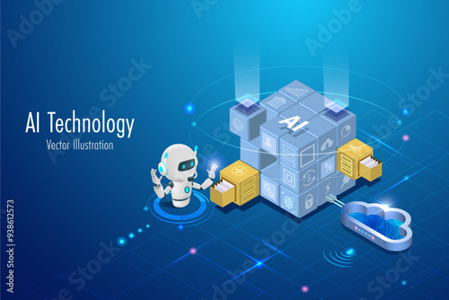 AI robot search data in block chain technology. Artificial intelligence with security system, machine learning. smart search engine. Implement of robotic research in global.