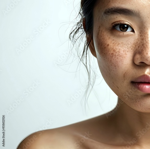 Close-up face of attractive young Asian woman with melasma (hyperpigmentation caused by hormonal changes)  freckles or dark spots caused by genetics and sun exposure, copy space white background