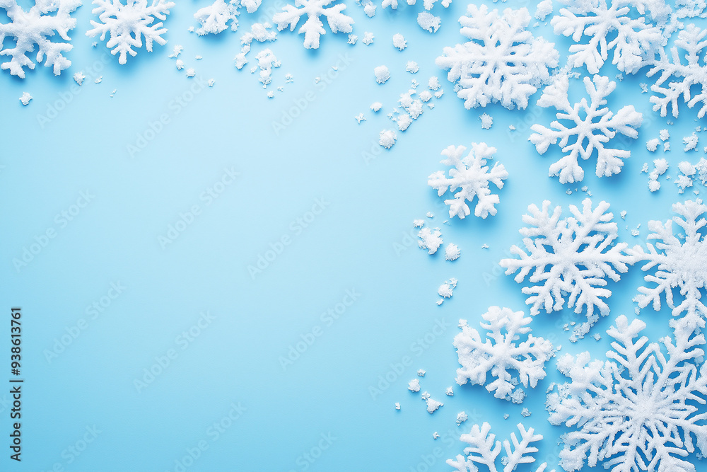 Close-up of beautifully crafted white snowflakes on a soft blue background, creating a wintery feel with a focus on delicate details and a clean copy space for seasonal designs. Close-up of beautifully crafted white snowflakes on a soft blue background, creating a wintery feel with a focus on delicate details and a clean copy space for seasonal designs.