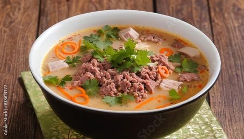  Delicious bowl of beef noodle soup with fresh herbs and vegetables