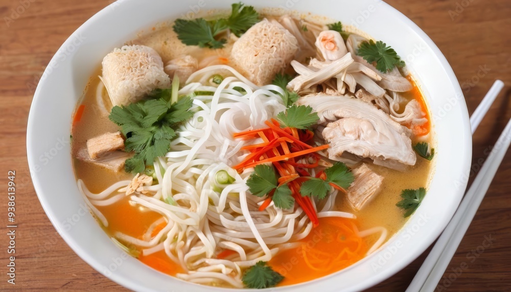 Delicious noodle soup with fresh herbs and vegetables Delicious noodle soup with fresh herbs and vegetables