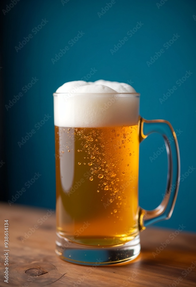 Beer mug on wooden table traditional bavarian oktoberfest drink blue background Beer mug on wooden table traditional bavarian oktoberfest drink blue background
