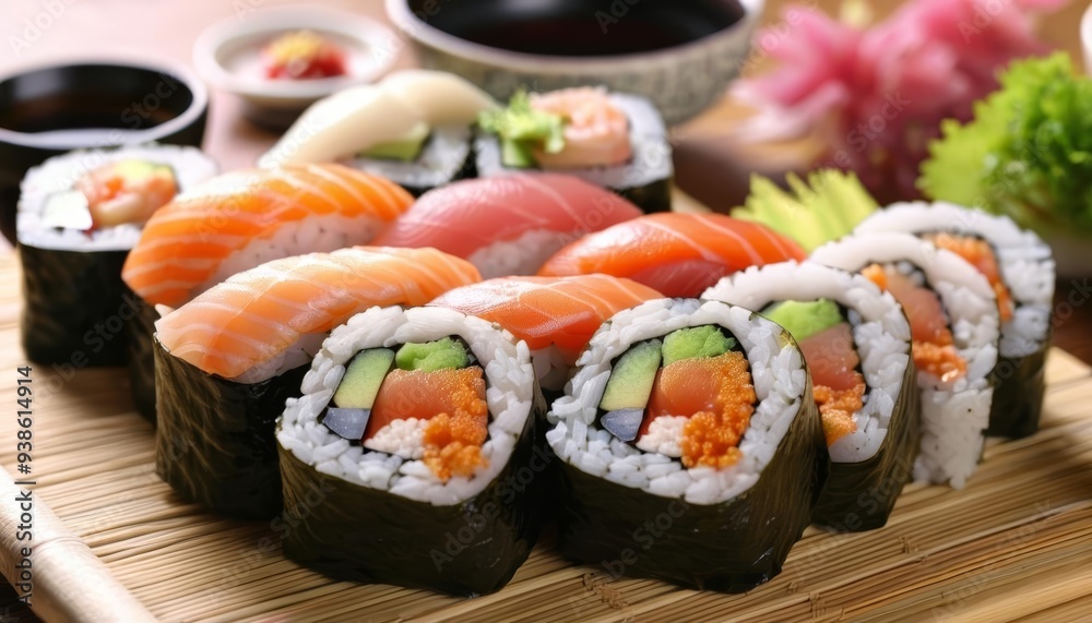 Deliciously crafted sushi rolls ready to be savored Deliciously crafted sushi rolls ready to be savored