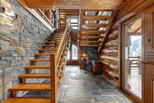 Wooden staircase and stone cladding wall in rustic hallway. Cozy home interior design of modern entrance hall with door. High quality photo
