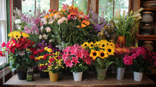 Bright and cheerful flower shop displaying a variety of fresh, colorful flowers.