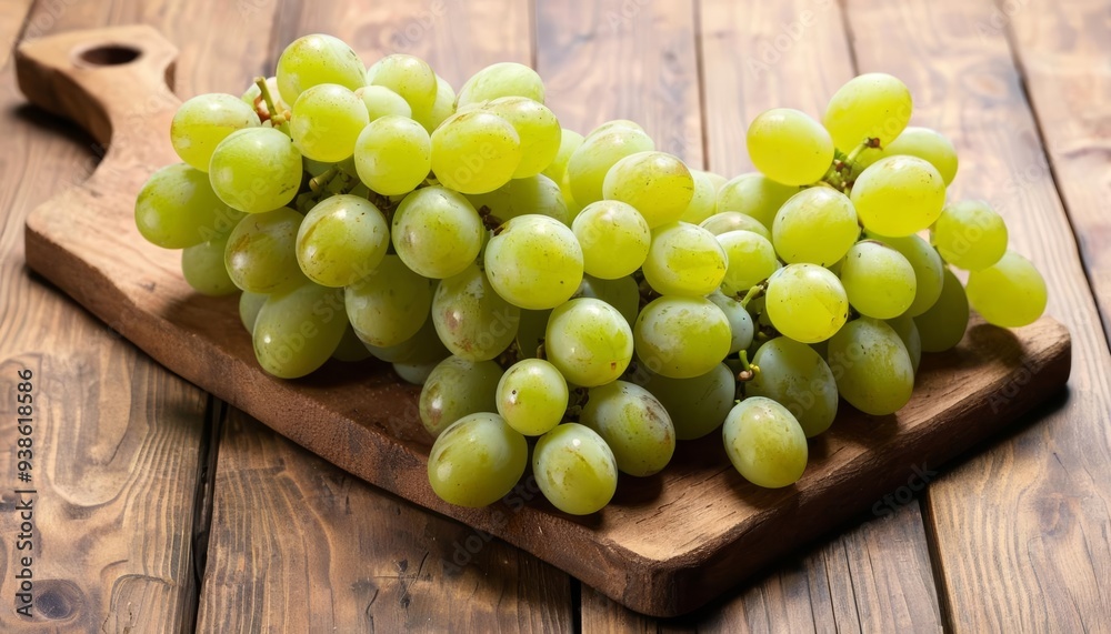 Freshly harvested green grapes on a rustic wooden board Freshly harvested green grapes on a rustic wooden board