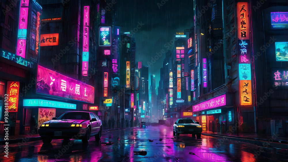 Neon-Lit Cyberpunk City at Night with Towering Skyscrapers and Rain-Soaked Streets Neon-Lit Cyberpunk City at Night with Towering Skyscrapers and Rain-Soaked Streets