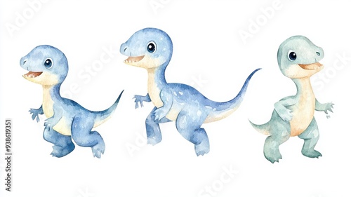 Set of baby Ornithomimus, small and fast, running playfully, isolated, white background, Watercolor style photo