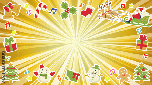 グラデーションを使用したクリスマスのゴールドフラッシュ(サンタとツリーと音符)