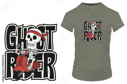 Funny skeleton cartoon in bandana riding a red scooter with a quote Ghost Rider. Vector illustration for tshirt, website, clip art, poster and print on demand merchandise.