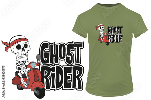 Funny skeleton cartoon in bandana riding a red scooter with a quote Ghost Rider. Vector illustration for tshirt, website, clip art, poster and print on demand merchandise.