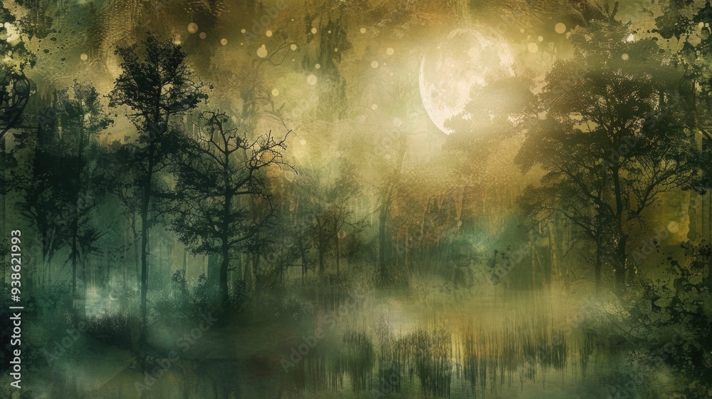 Enchanted woodland veiled in fog with moon glow. Enchanted woodland veiled in fog with moon glow.