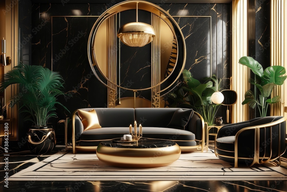 Modern living room art deco style interior design with black marble walls and gold decor pieces Modern living room art deco style interior design with black marble walls and gold decor pieces