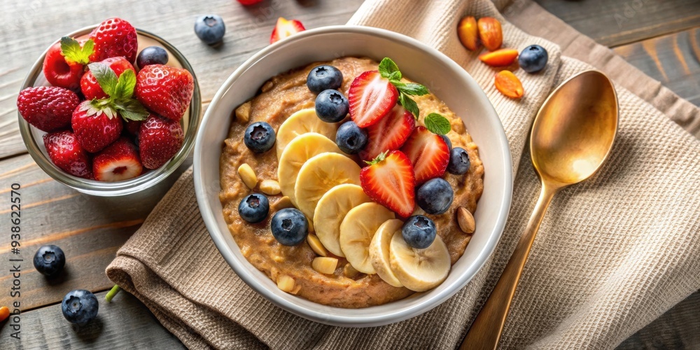 Overhead view of a hearty bowl of oatmeal topped with nut butter and fruit, oatmeal, breakfast, healthy, food, nut butter Overhead view of a hearty bowl of oatmeal topped with nut butter and fruit, oatmeal, breakfast, healthy, food, nut butter