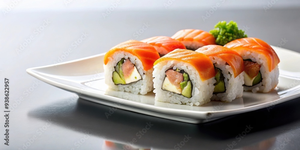 Sushi served on a white plate , Japanese cuisine, seafood, Asian food, rice, raw fish, traditional, fresh, gourmet, delicious Sushi served on a white plate , Japanese cuisine, seafood, Asian food, rice, raw fish, traditional, fresh, gourmet, delicious