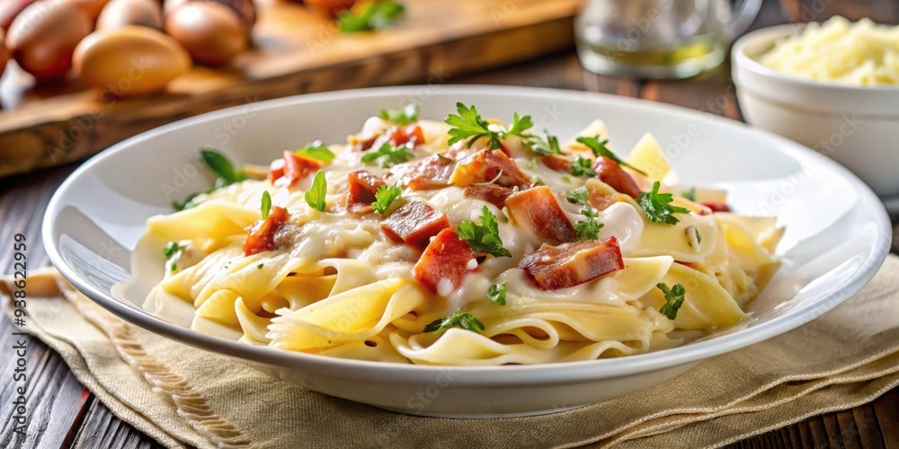 Creamy pasta dish with bacon, eggs, and Parmesan cheese , Italian cuisine, pasta carbonara, creamy sauce Creamy pasta dish with bacon, eggs, and Parmesan cheese , Italian cuisine, pasta carbonara, creamy sauce