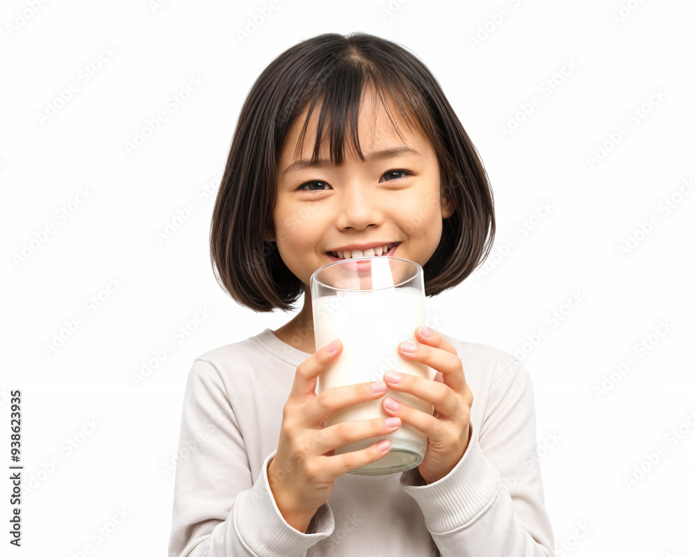 Asian little cute child girl is drinking a glass of healthy fresh milk isolated on white Asian little cute child girl is drinking a glass of healthy fresh milk isolated on white