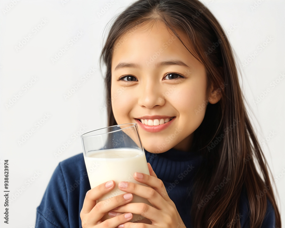 Asian little cute child girl is drinking a glass of healthy fresh milk isolated on white Asian little cute child girl is drinking a glass of healthy fresh milk isolated on white