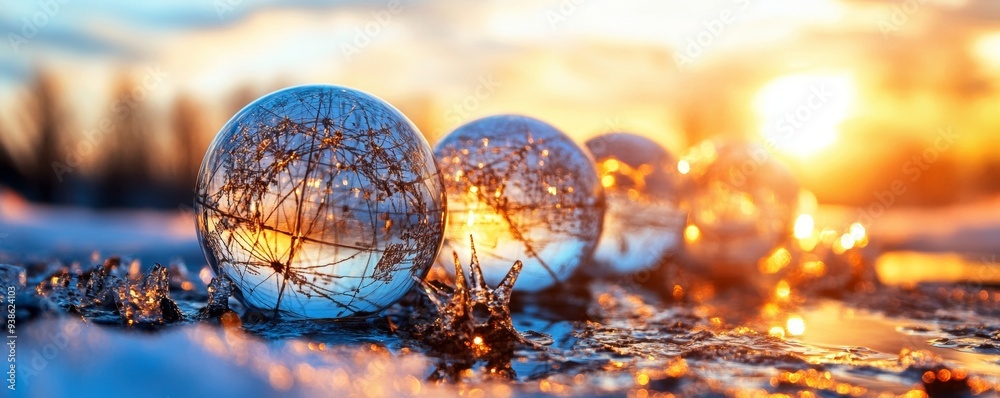 Obraz premium Vibrant sunset reflects in crystal spheres, creating a magical winter scene of nature's beauty and shimmering light.