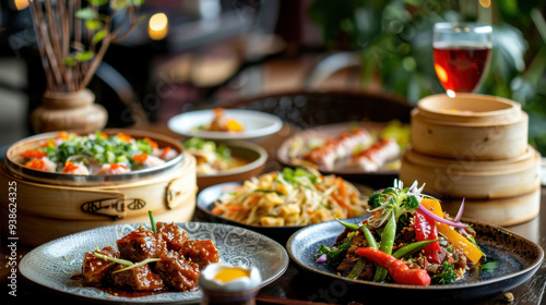 Colorful Chinese dishes with appetizing presentation under beautiful lighting