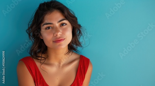 Portrait of a self-assured Hispanic woman wearing a red top. Expressing determination and strength against a blue background.