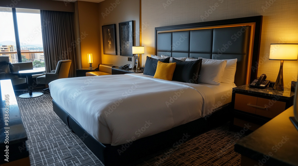 A classic hotel room with luxurious amenities and comfortable bedding A classic hotel room with luxurious amenities and comfortable bedding