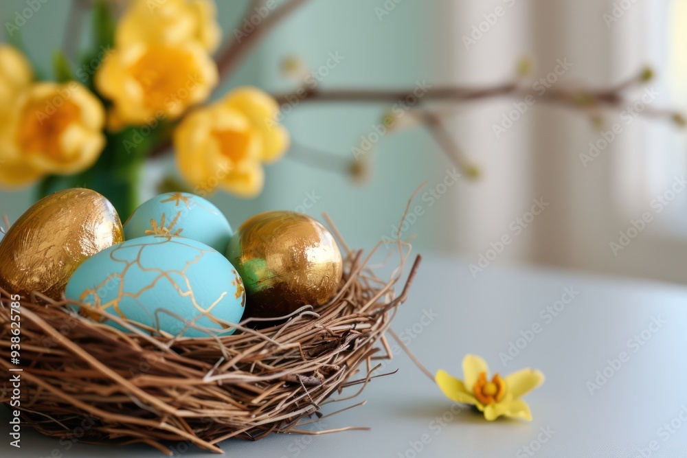 Easter Greeting Card with Colorful Painted Eggs and Flowers Easter Greeting Card with Colorful Painted Eggs and Flowers