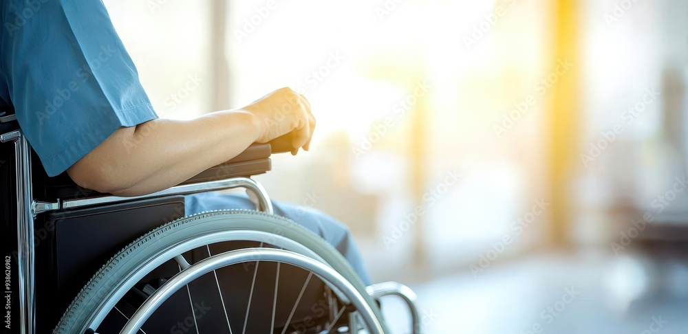 Obraz premium Medical assistant assisting with wheelchair, back view, warm sunlight, focus on hands and movement, supportive care
