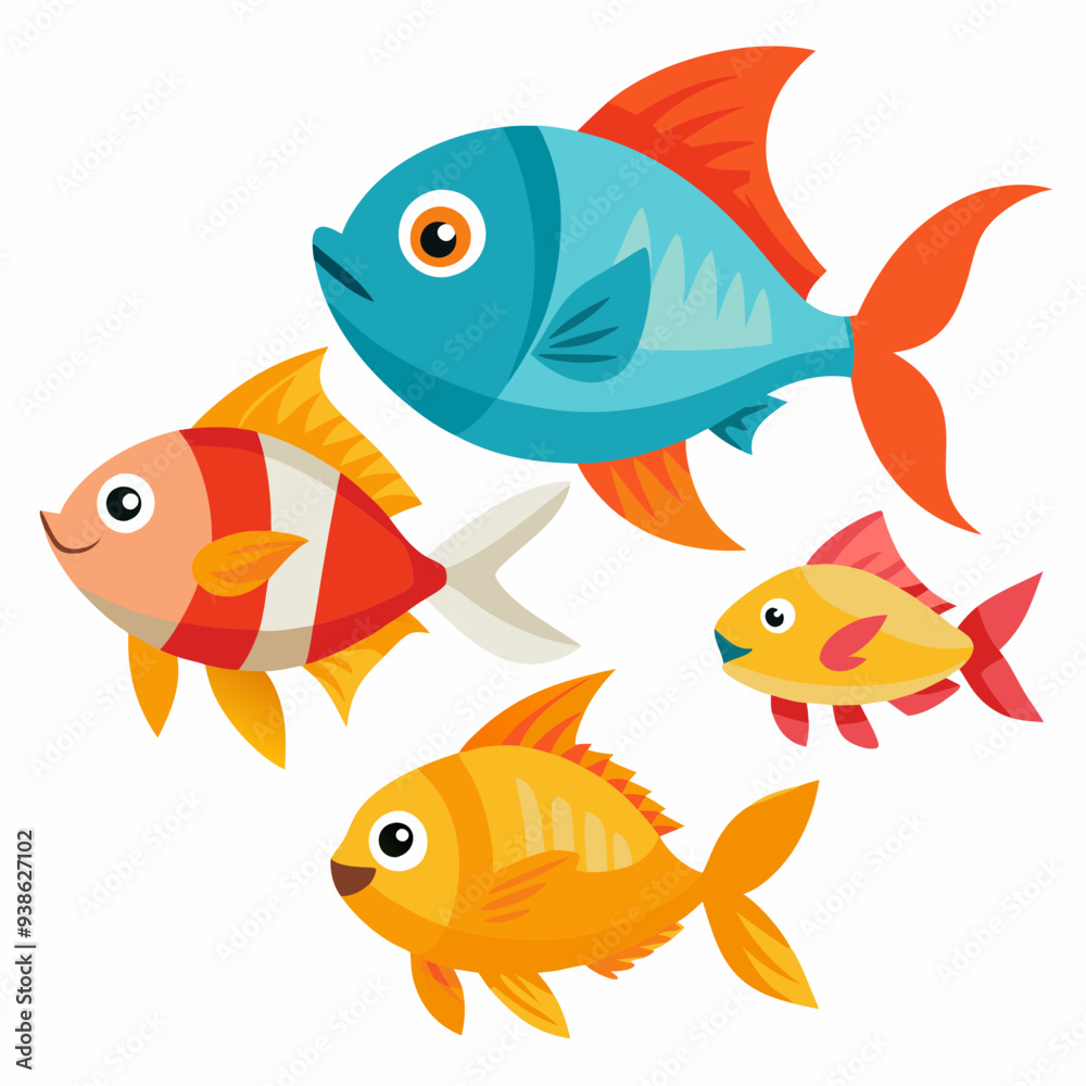 cartoon fishes set, fish simple shape vector isolated