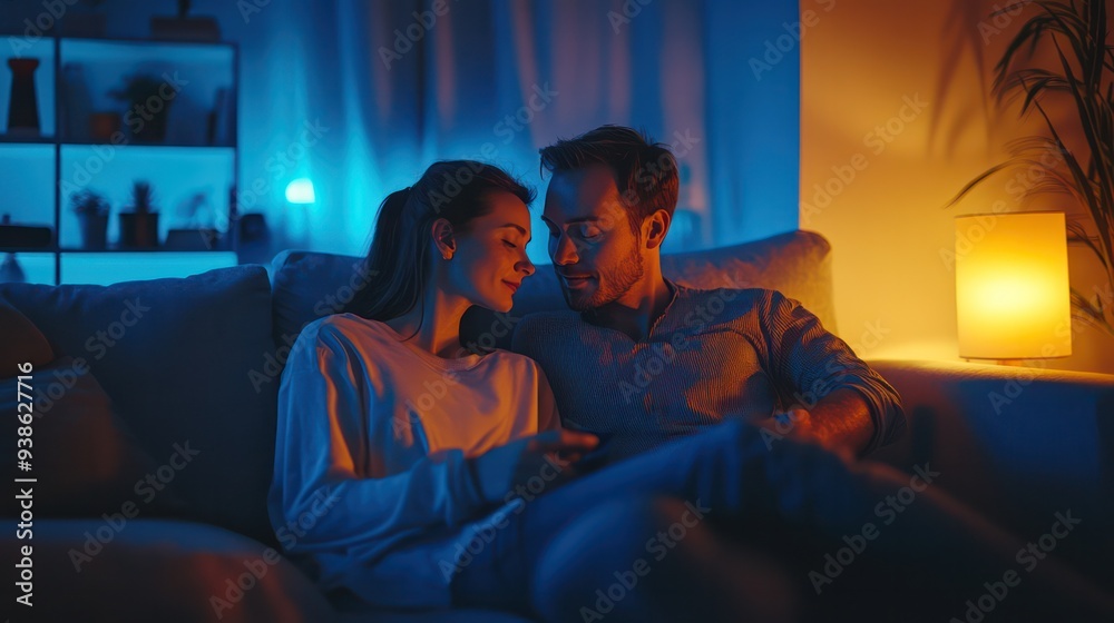 Naklejka premium A couple enjoying a calm evening while folding laundry together, sharing a quiet moment in their cozy living room