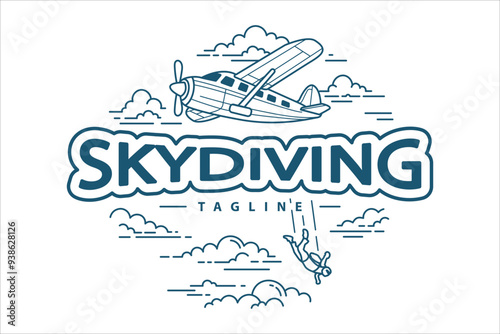 A line art logo depicting a skydiver jumping from an airplane with clouds and the word "skydiving" in a bubble.