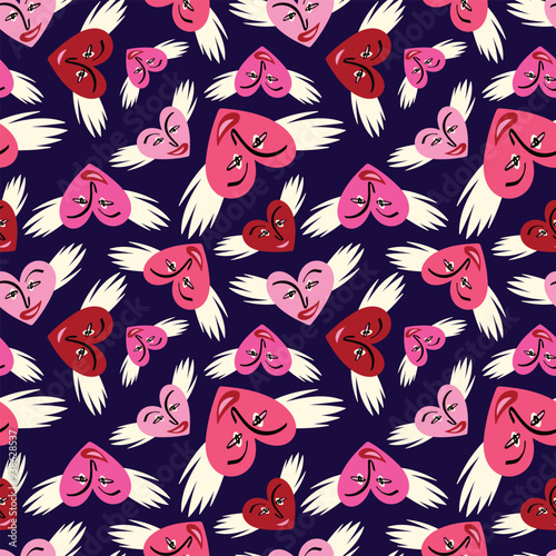 Valentines Day pattern with angels funky love hearts. Groovy cute love characters