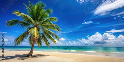 Sandy tropical beach with coconut tree under a blue sky, beach, tropical, sand, coconut tree, sky, vacation, paradise, summer