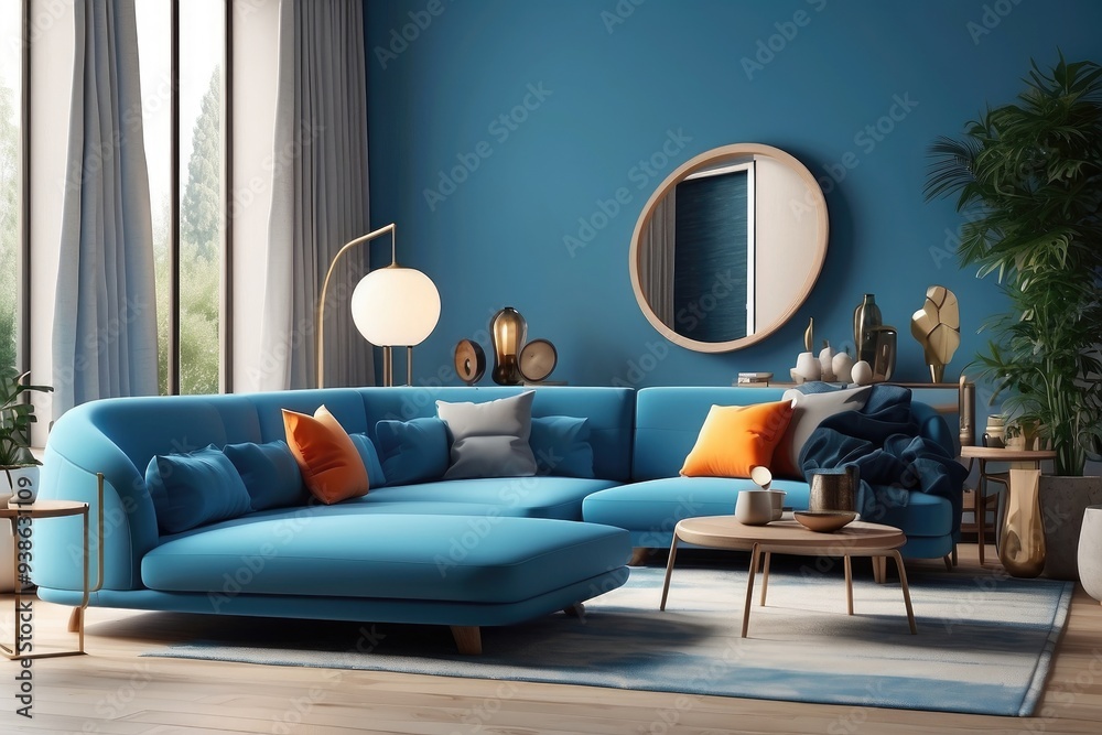Interior design of modern living room with blue sofa and gray armchair Interior design of modern living room with blue sofa and gray armchair