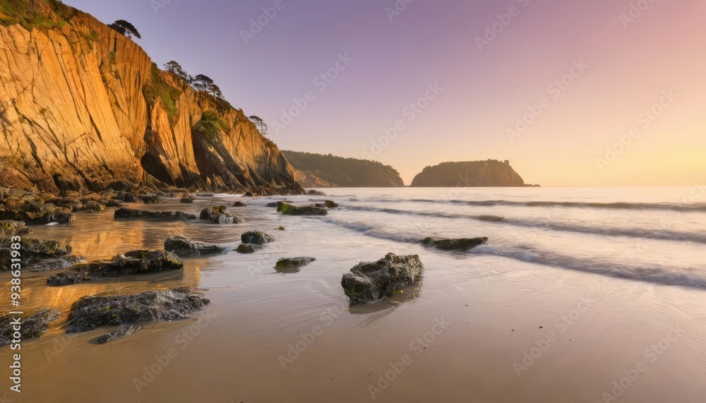 Tranquil beach at sunset with rocky cliffs and gentle waves Tranquil beach at sunset with rocky cliffs and gentle waves