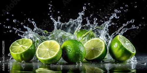 Green limes in splashes of water on a black background, fresh, citrus, fruit, wet, refreshing, vibrant, healthy, juicy