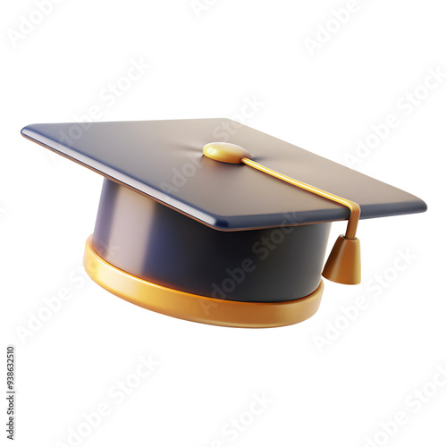 3D graduation cap icon in black with a golden tassel, sleek, modern style. Suitable for education, achievement, or academic-related themes. Isolated on transparent background, png.