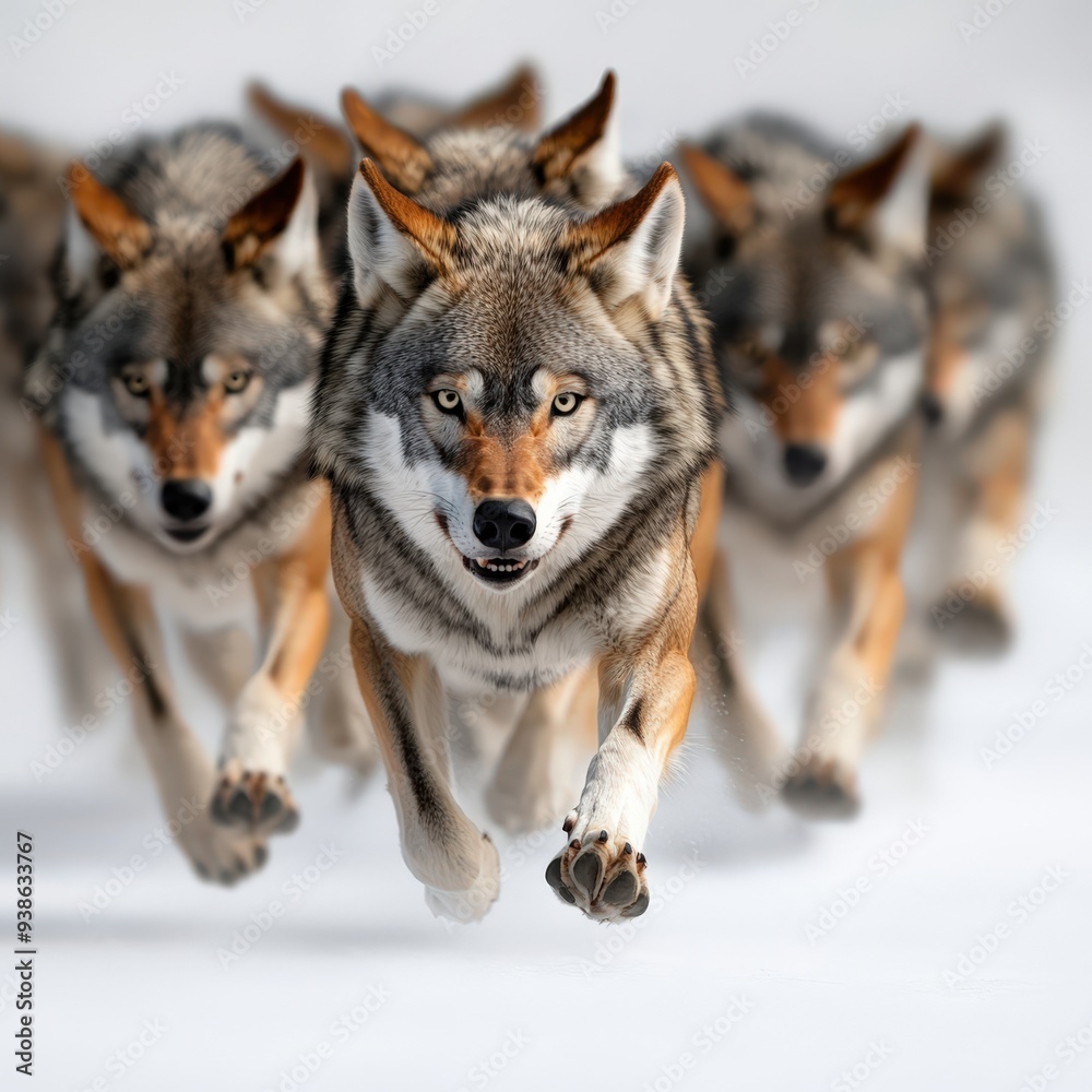 A dynamic pack of wolves running towards the viewer, showcasing their strength and agility in a captivating wildlife scene. A dynamic pack of wolves running towards the viewer, showcasing their strength and agility in a captivating wildlife scene.