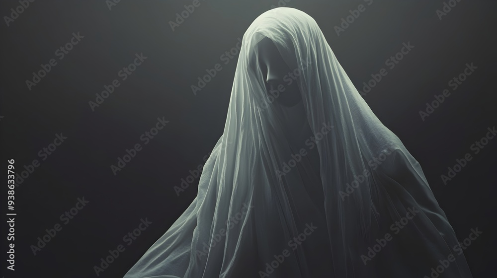 Ghostly figure draped in white sheets hovering against a dark background with space on the right for text overlay or copy Spooky supernatural Ghostly figure draped in white sheets hovering against a dark background with space on the right for text overlay or copy Spooky supernatural