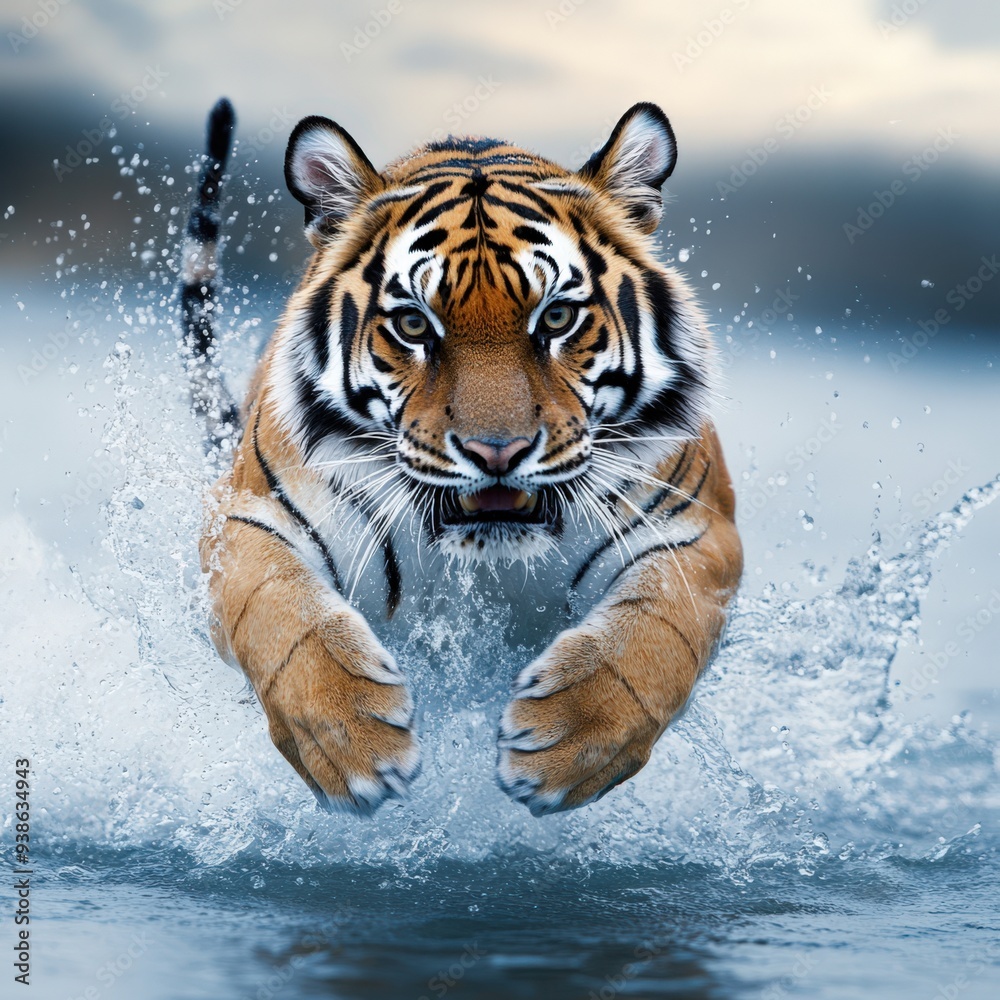 Obraz premium A majestic tiger leaps through water, showcasing its power and elegance in a breathtaking natural scene.