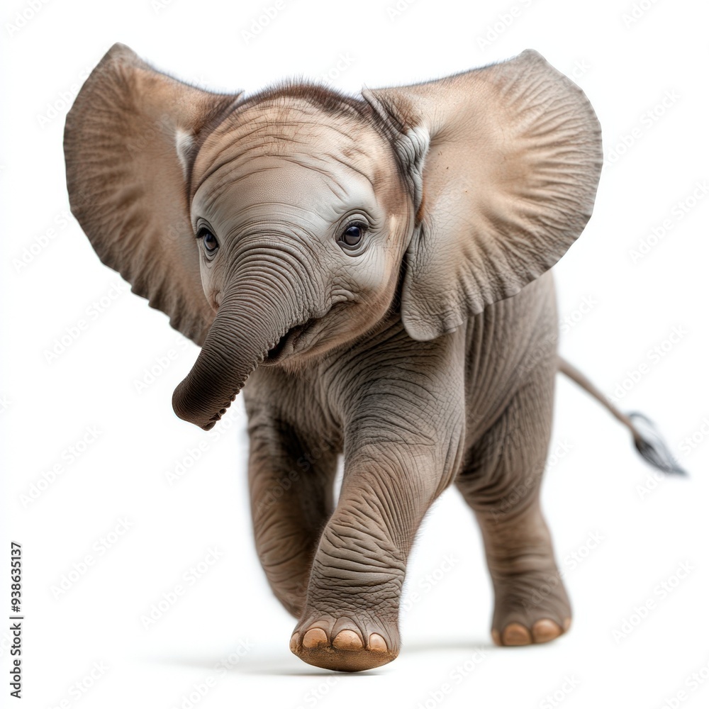 Fototapeta premium A playful baby elephant joyfully running, showcasing its endearing features and charming personality in a pristine environment.