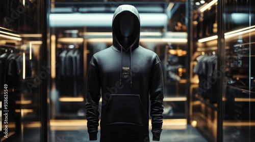 Mock up replica hoodie in stainless steel mannequin standing in luxurious shop. photo