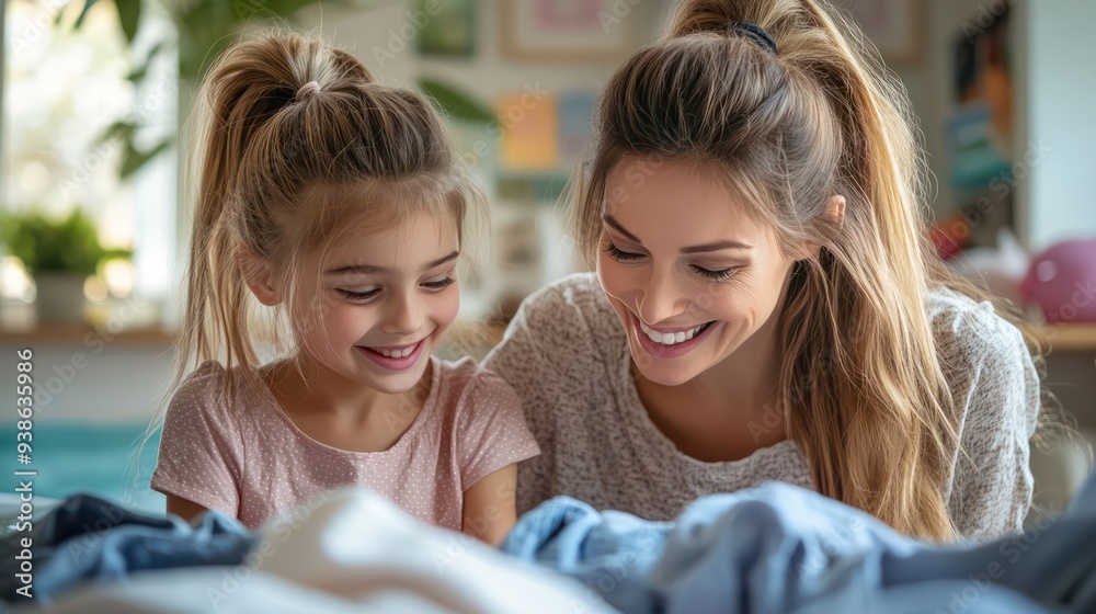 Obraz premium A mother and daughter peacefully folding laundry, chatting and laughing as they complete the task with ease