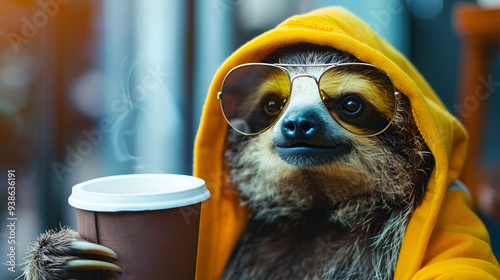  Relaxed Sloth Enjoying Coffee While Wearing Sunglasses in a Humorous and Chill Close-Up, Ideal for Lazy Days, Coffee Lovers, and Fun Animal-Themed Designs with a Tropical Vibe photo