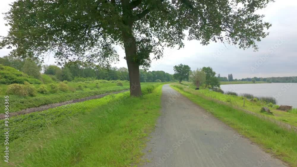 A calm and serene riverside pathway is beautifully surrounded by lush greenery on a cloudy, overcast day A calm and serene riverside pathway is beautifully surrounded by lush greenery on a cloudy, overcast day