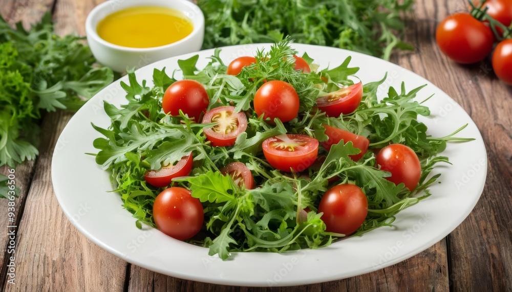Freshly prepared salad with a side of dressing ready to be enjoyed Freshly prepared salad with a side of dressing ready to be enjoyed