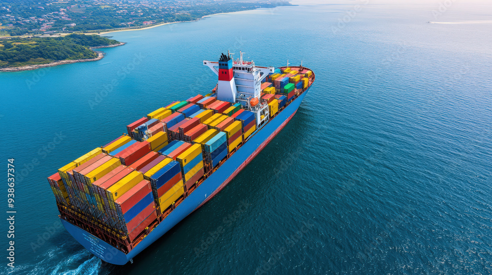 Fototapeta premium Aerial view of a vibrant cargo ship loaded with colorful containers navigating through clear blue waters.