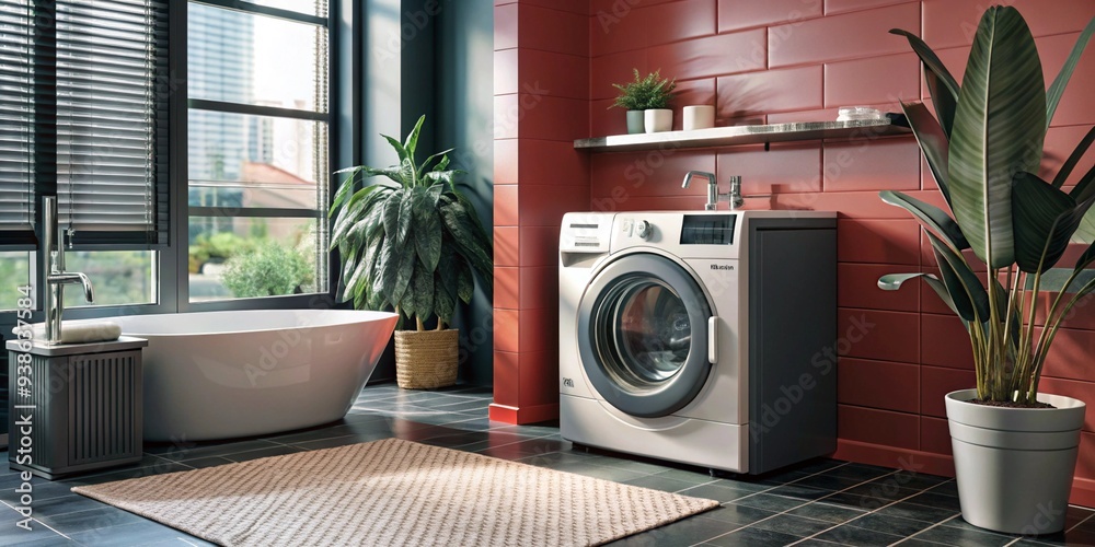 Baño moderno y lujoso en apartamento con suelo brillante, bañera y lavadora blanca Baño moderno y lujoso en apartamento con suelo brillante, bañera y lavadora blanca