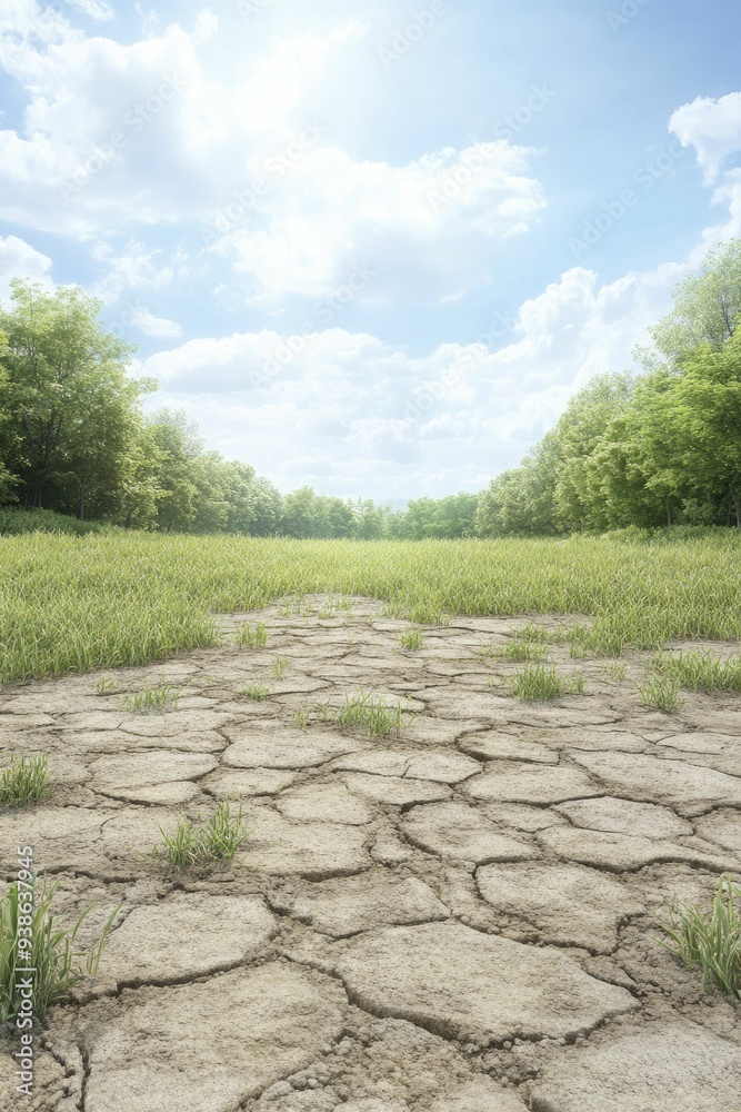 A dry cracked field under a bright cloudy sky surrounded by lush green trees A dry cracked field under a bright cloudy sky surrounded by lush green trees