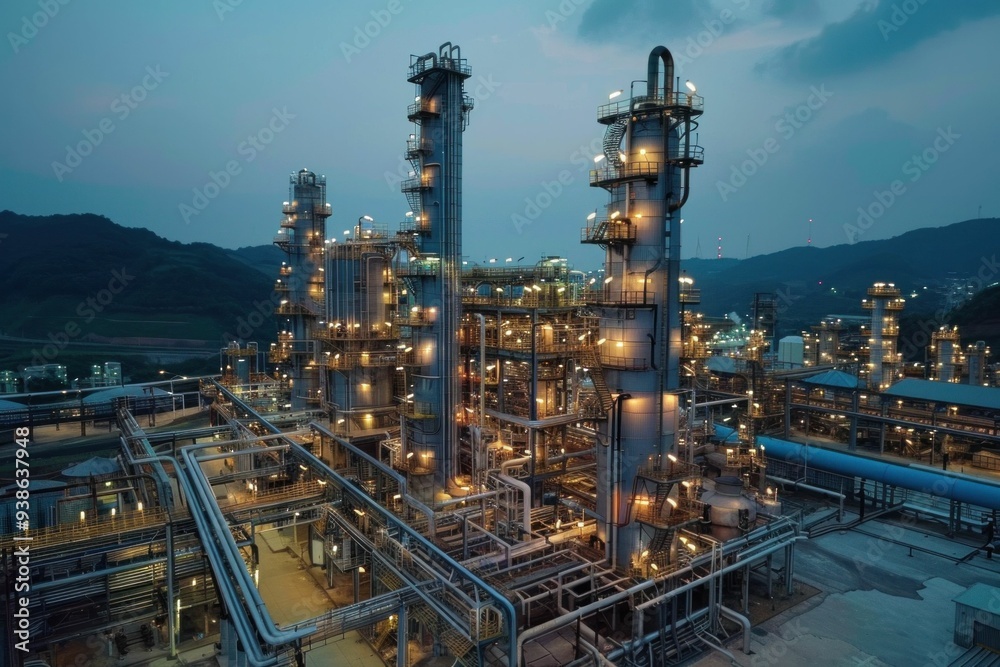 Fototapeta premium Industrial twilight oil refinery in the mountains a symbol of business and travel
